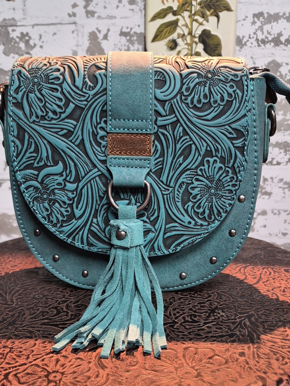 Wrangler Teal Floral Tooled Crossbody with Tassel